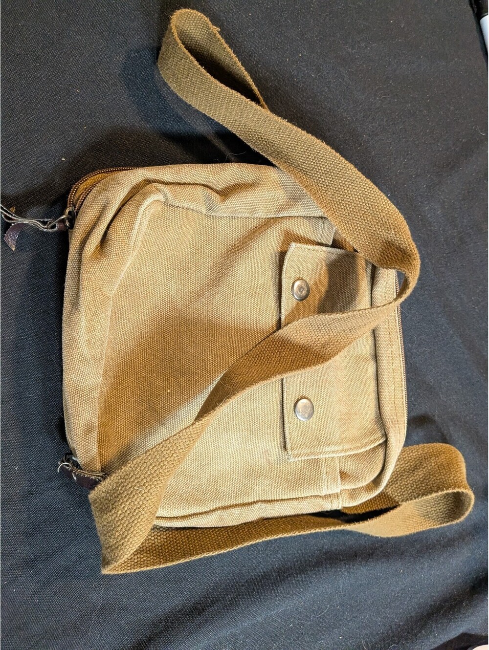 Small Tan Canvas Crossbody Messenger Bag with Brown Trim